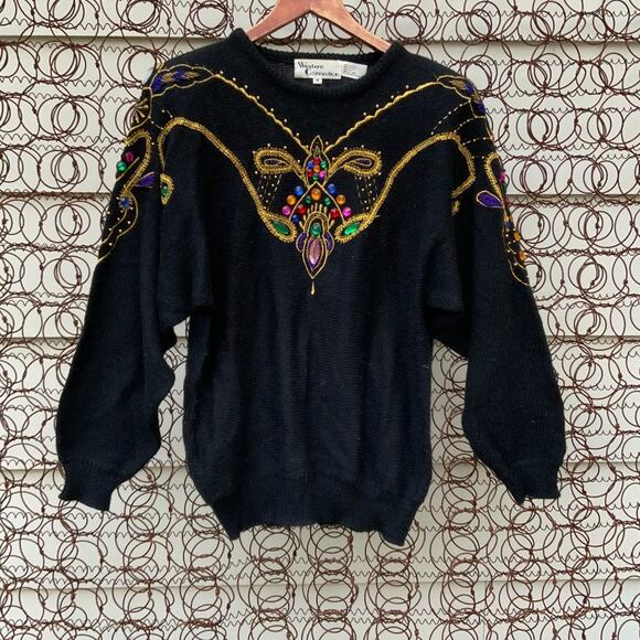 Vintage 90s Western Connection bling sweater black gold - Picture 1 of 7